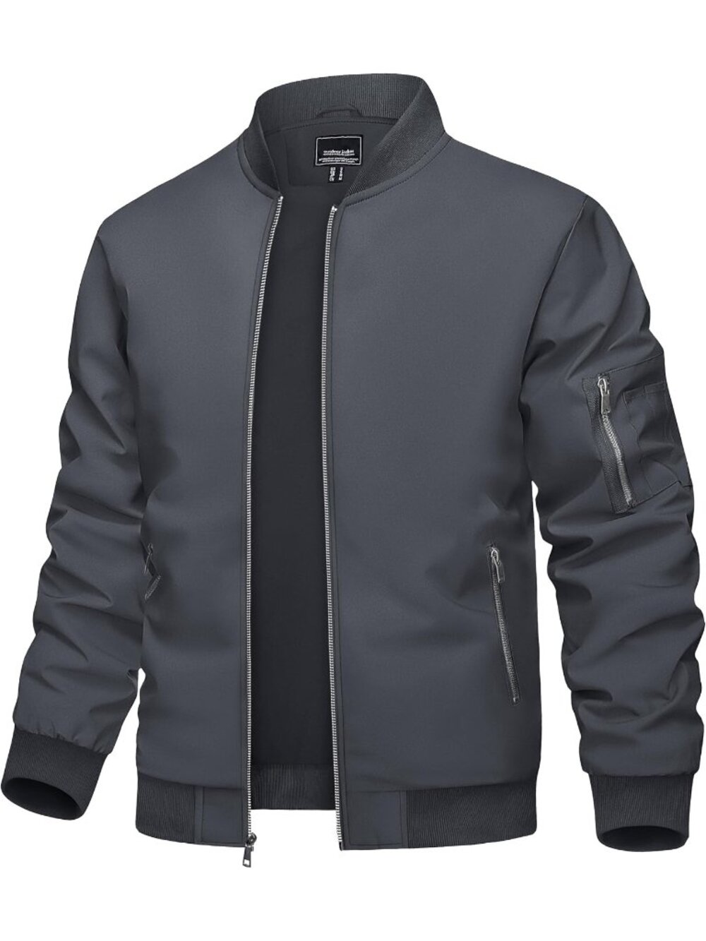 Men's Grey Polyester Full Zipper Stand Collar Pockets Windbreaker Bomber Jacket